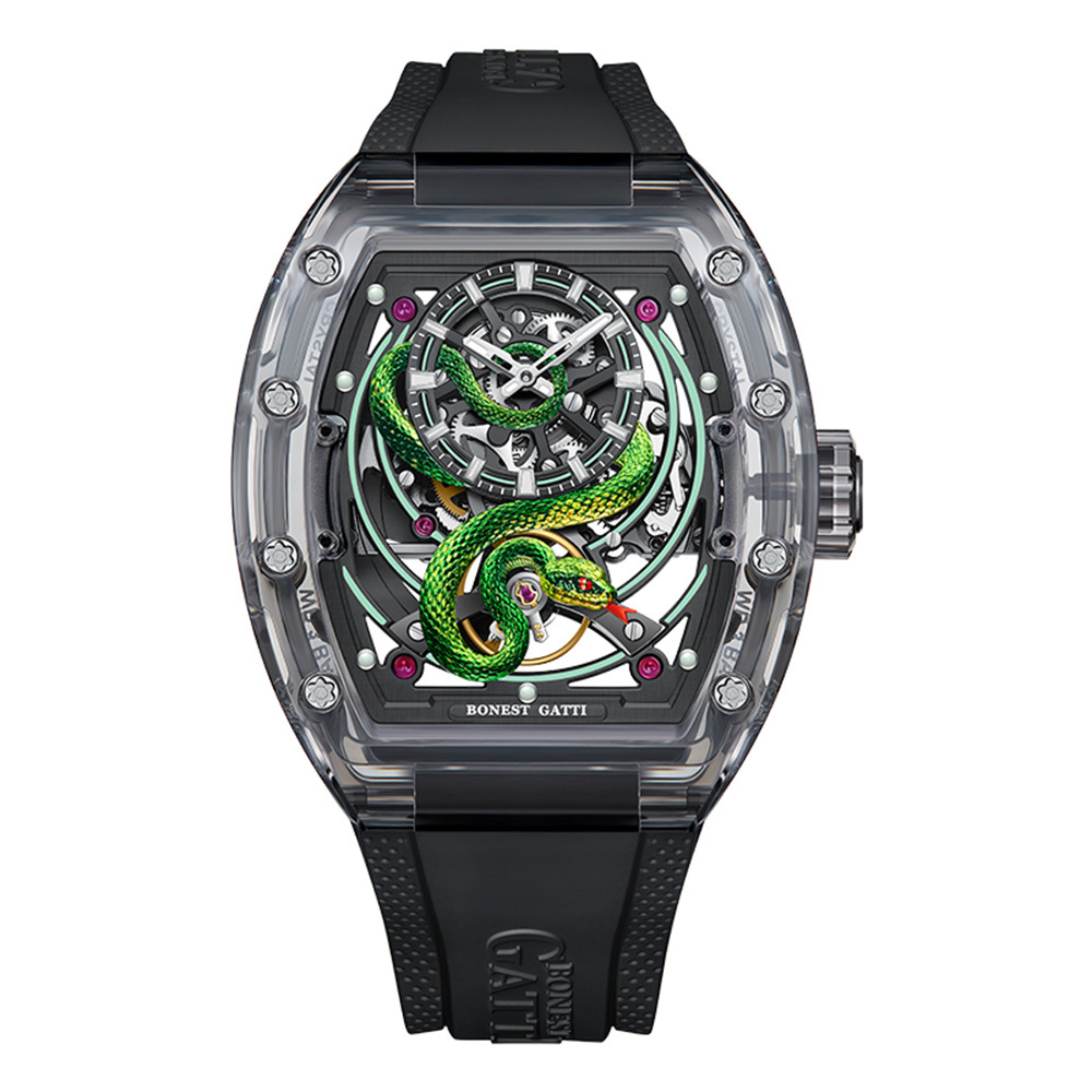 (預購)【Bonest Gatti 布加迪】靈蛇游弋系列 BG6004 酒桶款 雙面鏤空 夜光 高透水晶 機械錶