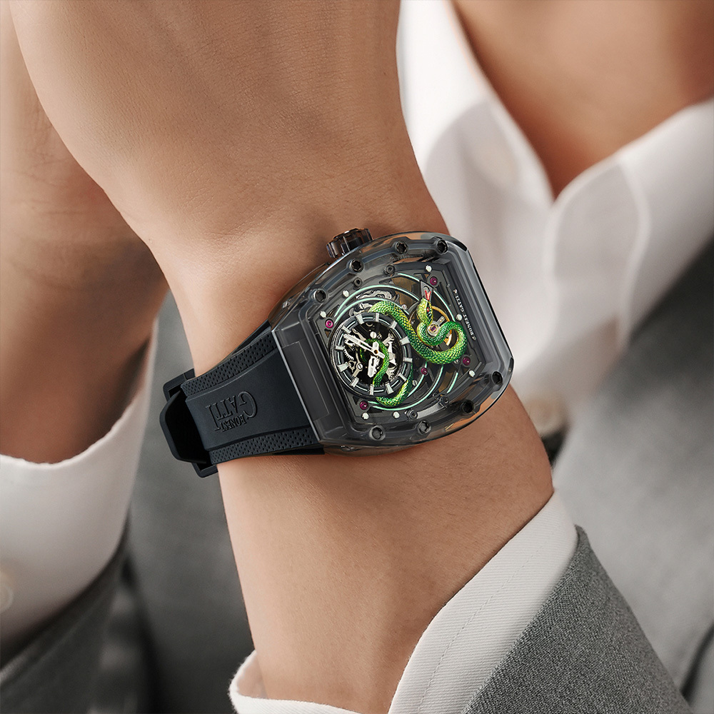 【Bonest Gatti 布加迪】靈蛇游弋系列 BG6004 酒桶款 雙面鏤空 夜光 高透水晶 機械錶