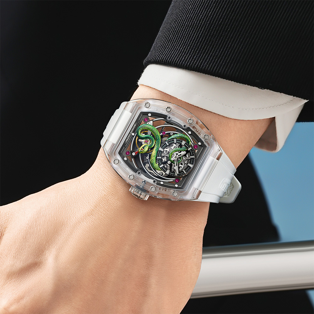 【Bonest Gatti 布加迪】靈蛇游弋系列 BG6004 酒桶款 雙面鏤空 夜光 高透水晶 機械錶