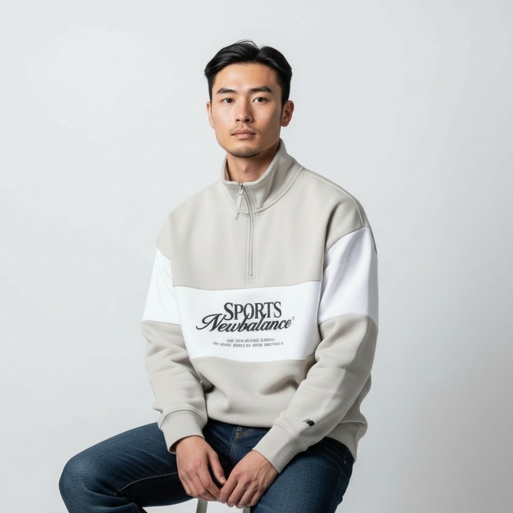 NEW BALANCE 大學T NB 卡其白 刺繡 半開襟 長袖 上衣 男 NCF31081BEI