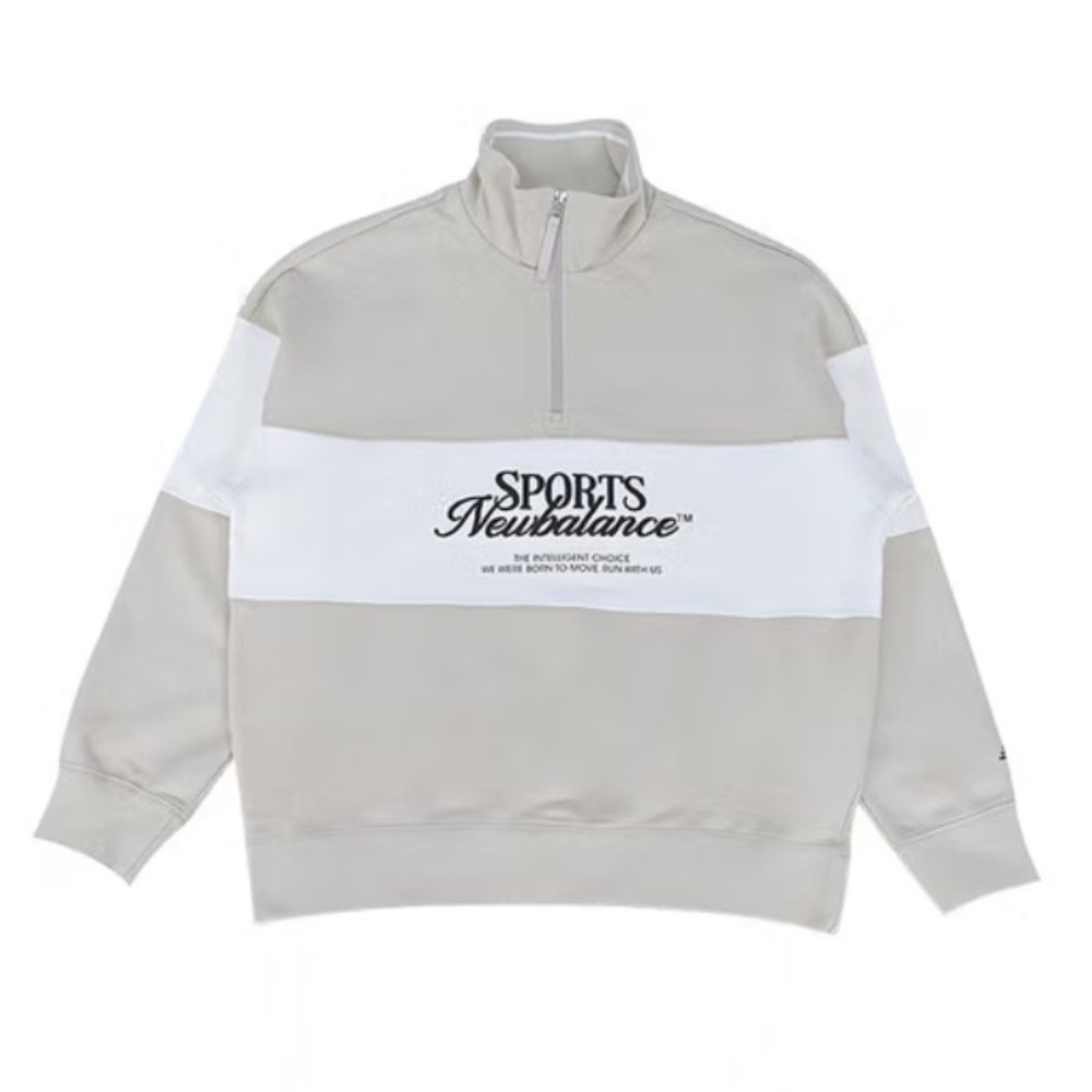 NEW BALANCE 大學T NB 卡其白 刺繡 半開襟 長袖 上衣 男 NCF31081BEI