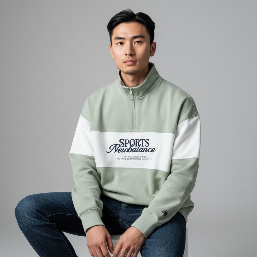 NEW BALANCE 大學T NB 綠白 刺繡 半開襟 長袖 上衣 男 NCF31081GRN