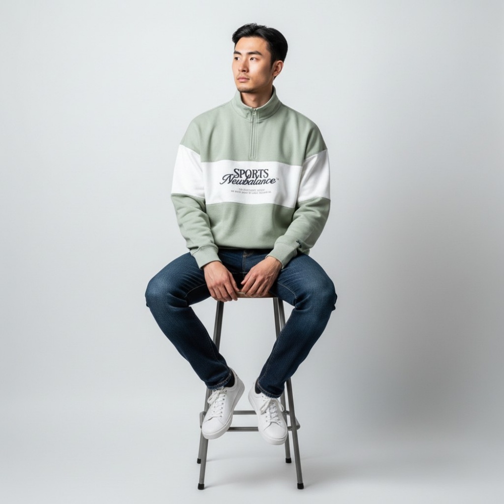 NEW BALANCE 大學T NB 綠白 刺繡 半開襟 長袖 上衣 男 NCF31081GRN