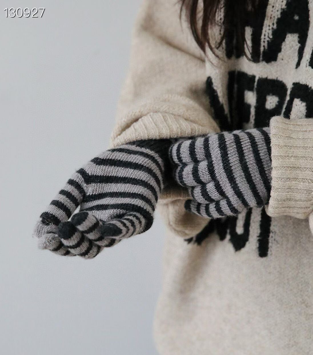 雙色條紋開指設計保暖手套