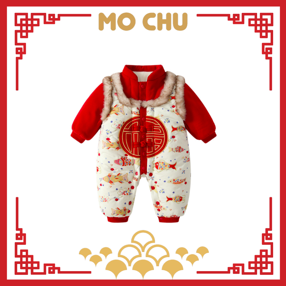 (90碼現貨)鯉魚福盤毛邊假兩件加絨連身衣