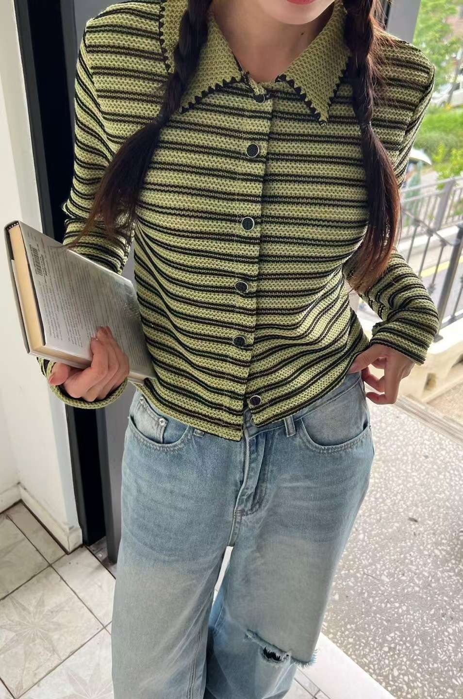 白領條紋開釦上衣