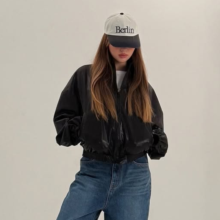 韓國 MAUER BERLIN  光澤感短版飛行夾克 黑