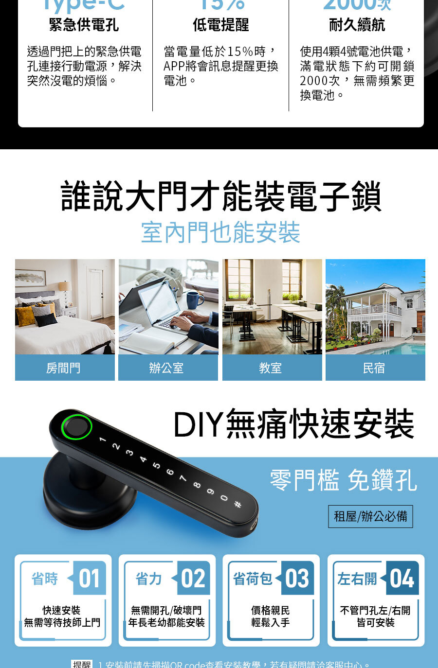 辦公室門鎖,房門鎖,室內門鎖,四合一,智慧指紋,室內電子鎖,SAFER-E3,房間喇叭鎖也能裝換電子鎖,輕鬆安裝電子門鎖,傳統門鎖無痛替換,台灣品牌FAMMIX電子鎖