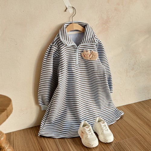 25F/W DTD萌趣條紋學院風系列-半開襟加絨連衣裙