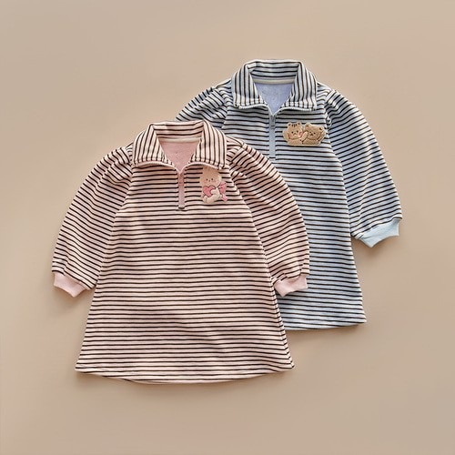 25F/W DTD萌趣條紋學院風系列-半開襟加絨連衣裙