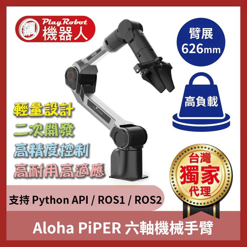 Aloha PiPER 六軸機械手臂 高載重 二次開發 AMR專用 支持 Python API 和 ROS1 / ROS2