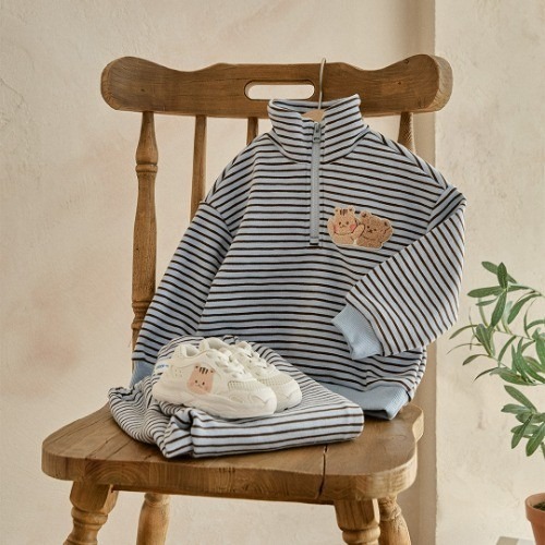 25F/W DTD萌趣條紋學院風系列-半開襟加絨上下套裝