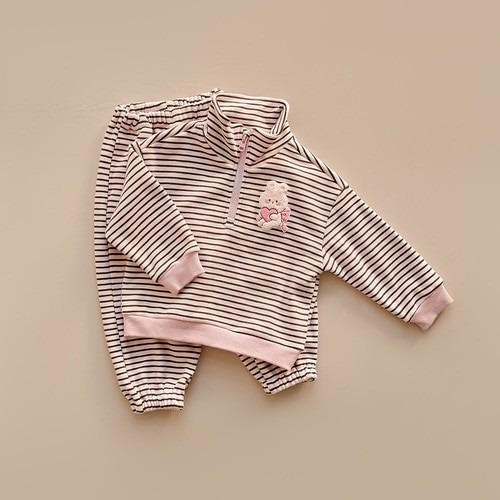 25F/W DTD萌趣條紋學院風系列-半開襟加絨上下套裝