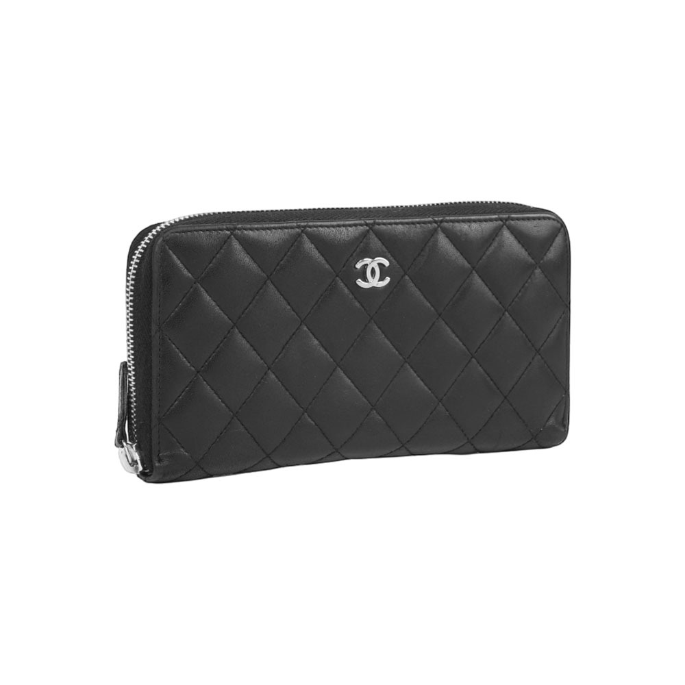 【CHANEL】CC Logo 小羊皮ㄇ形拉鍊長夾(黑色)