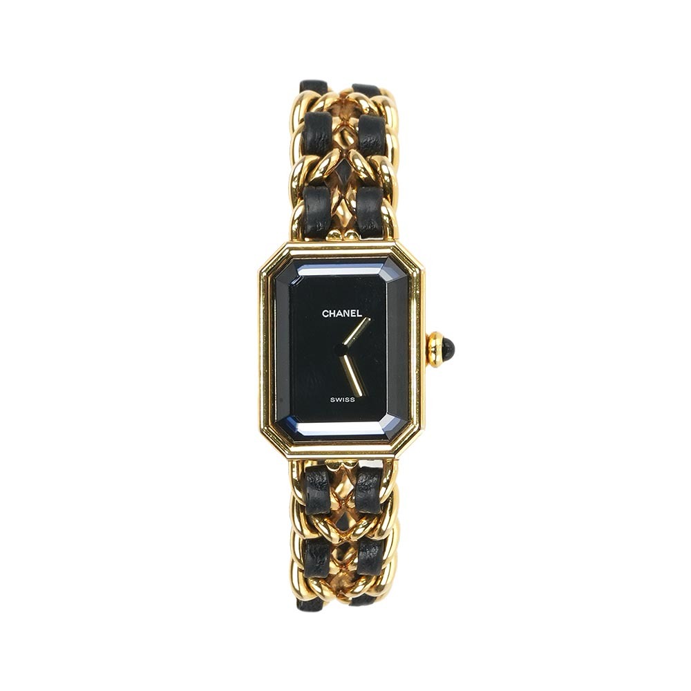 【CHANEL】Premiere 經典黑色皮穿金鍊首映錶 / M