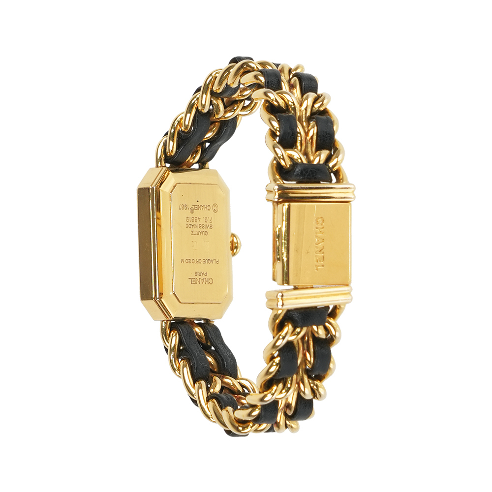 【CHANEL】Premiere 經典黑色皮穿金鍊首映錶 / M