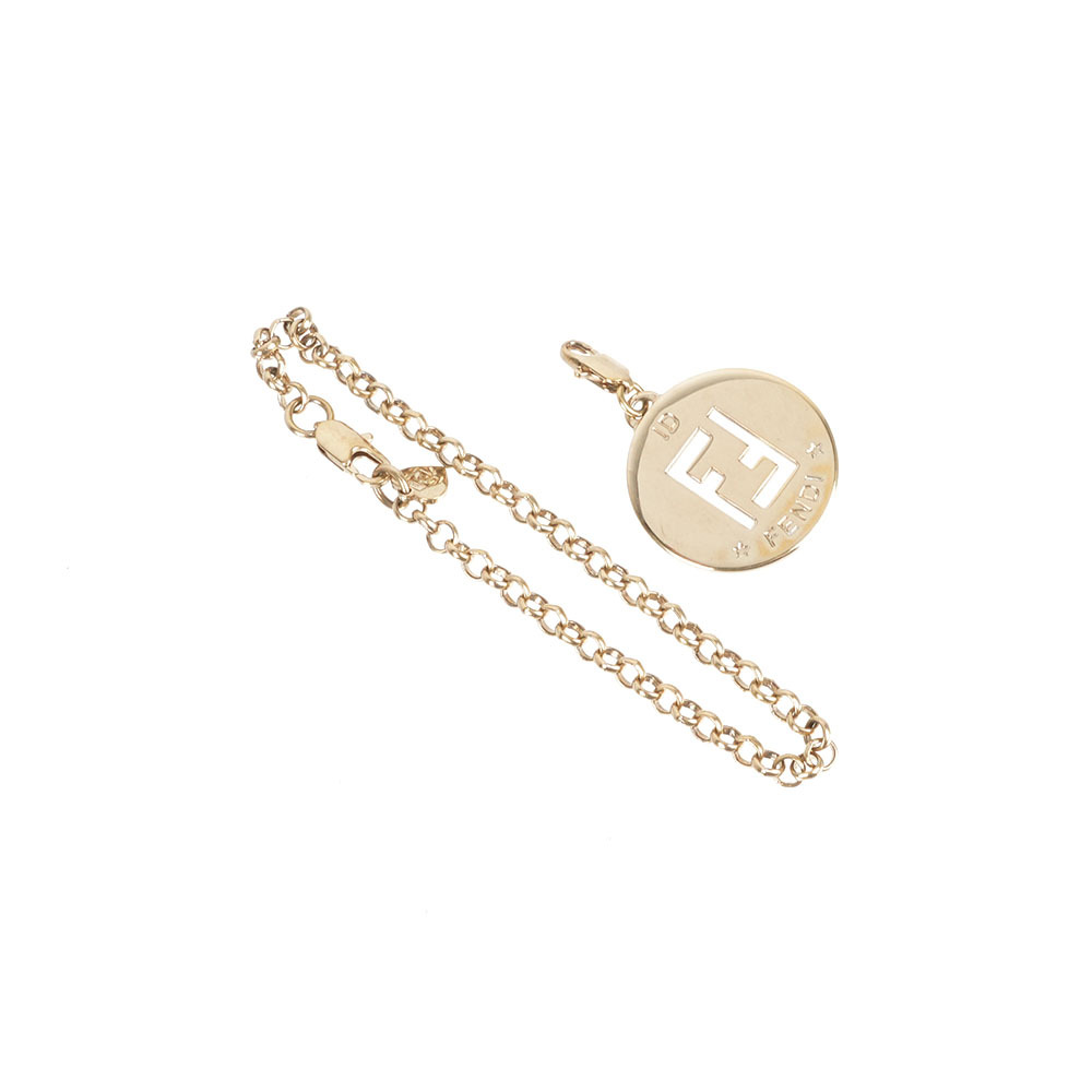 【Fendi】FF Logo 鏤空圓牌金屬標誌手鍊(金色)