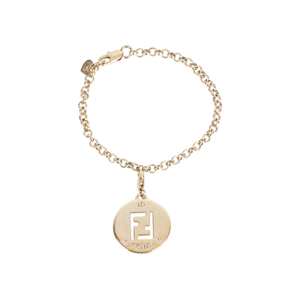 【Fendi】FF Logo 鏤空圓牌金屬標誌手鍊(金色)