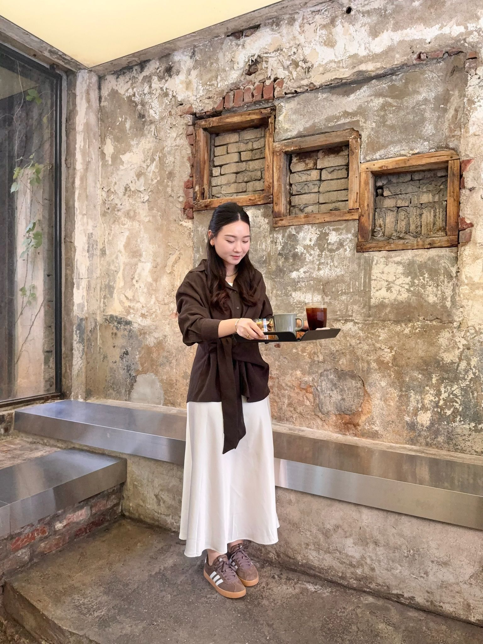 緞面拉鏈半長裙(米白色)