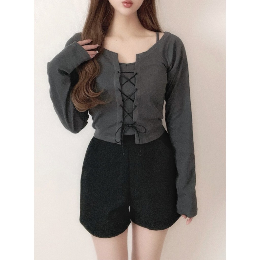 日本🇯🇵氣質修身綁帶收腰短版上衣 兩色