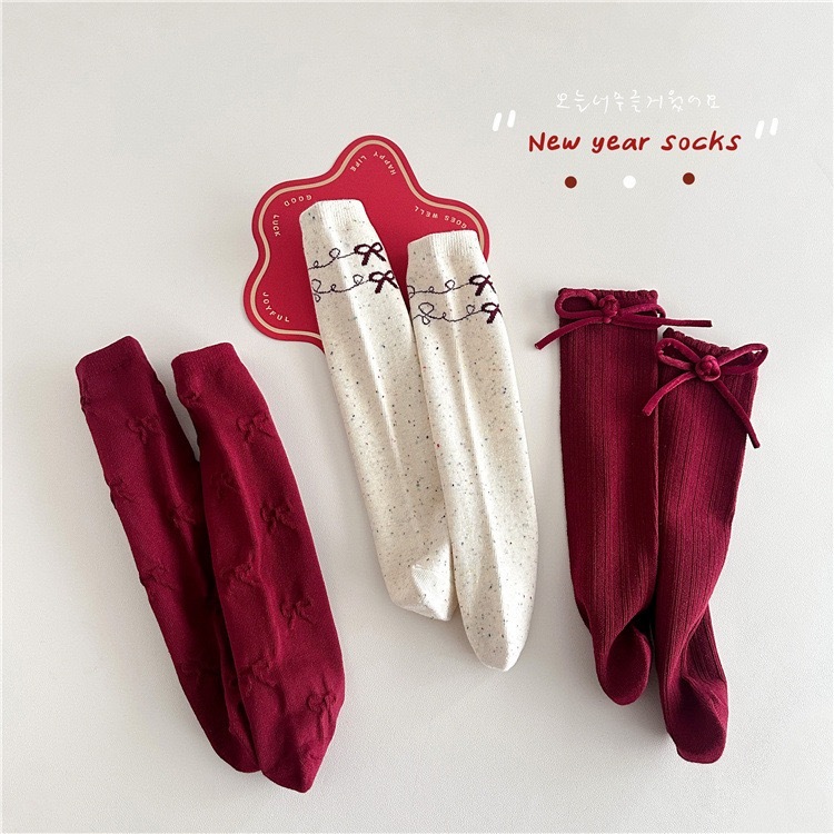 大紅蝴蝶結中筒襪