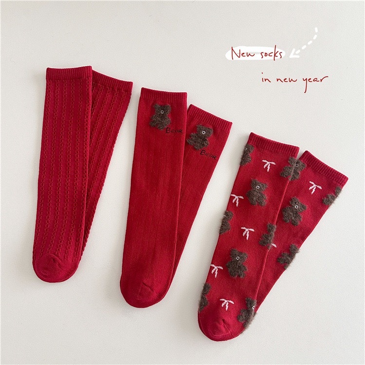大紅熊熊中筒襪