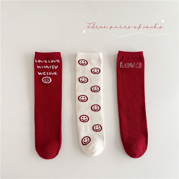 大紅笑臉中筒襪