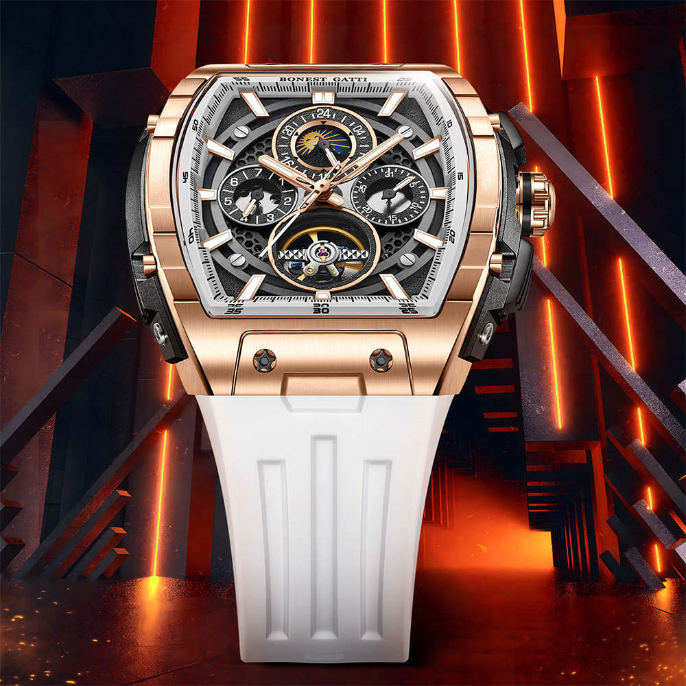 (預購)【Bonest Gatti 布加迪】BG5005 鏤空錶蓋 日月星辰 夜光指針刻度 藍寶石鏡面 真三眼 酒桶型 機械錶