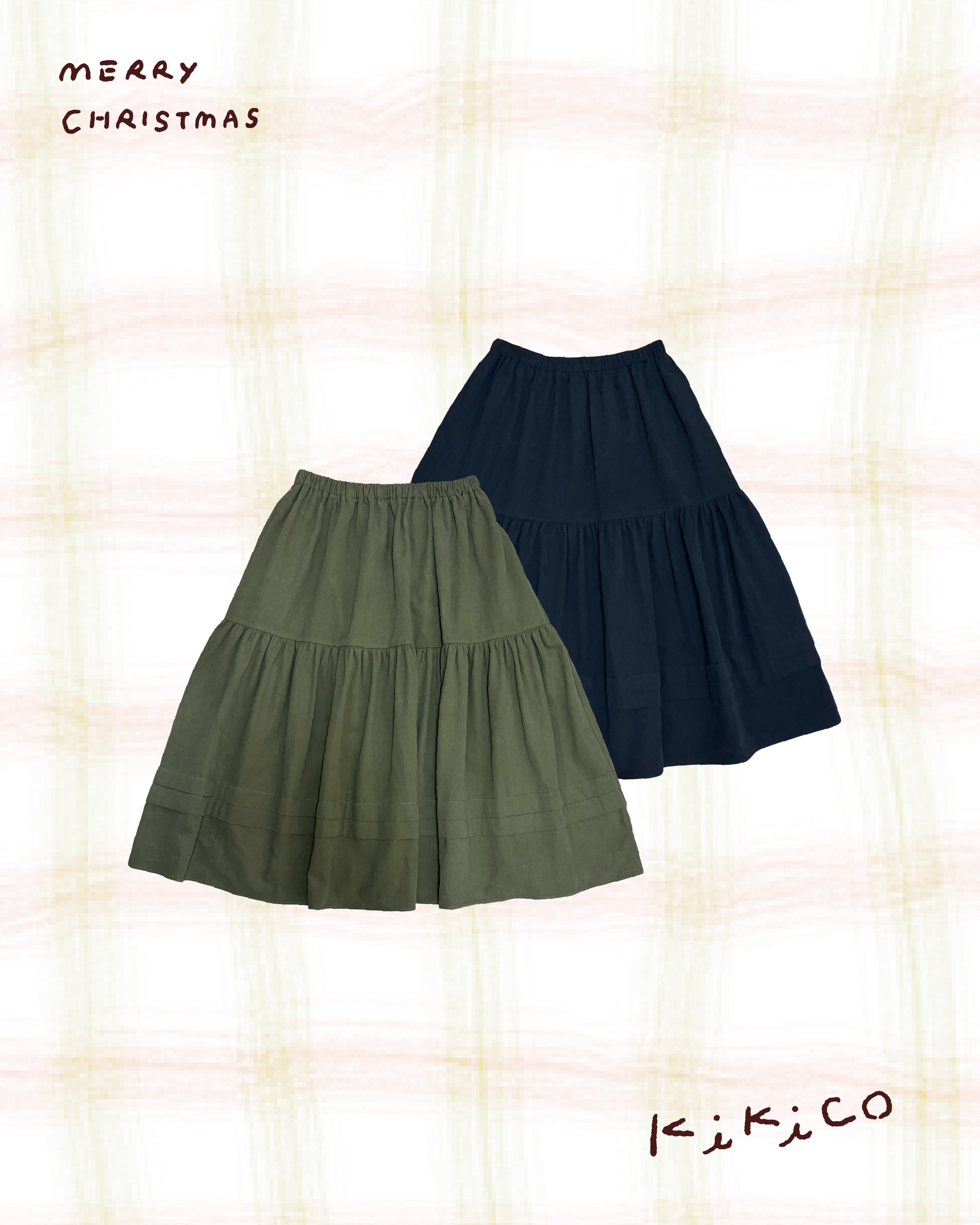 打褶橫紋中長全橡筋半裙