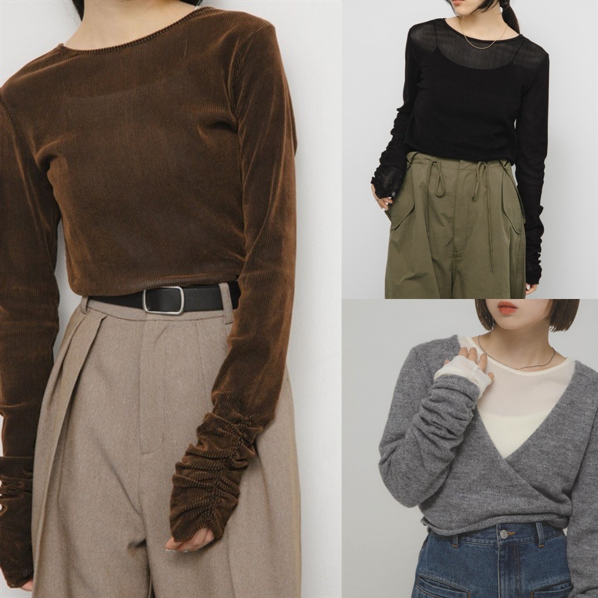 先行特價預購┃日本 KBF 透膚絲絨碎褶袖上衣