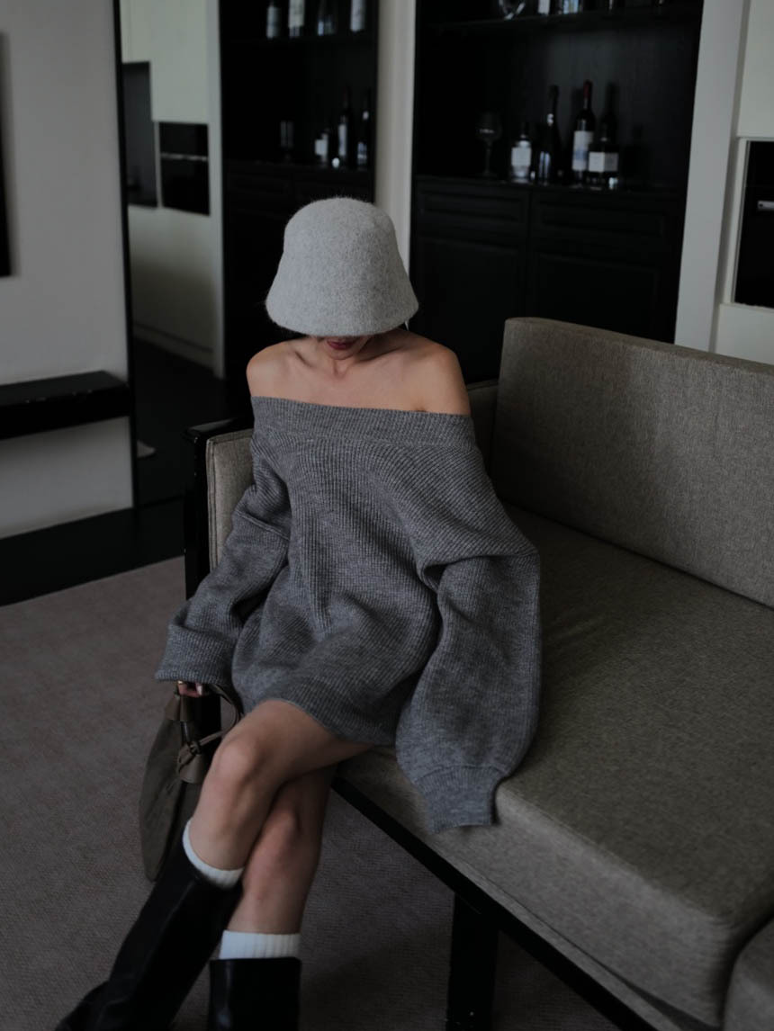 一字肩下擺不規則長版毛衣*5色