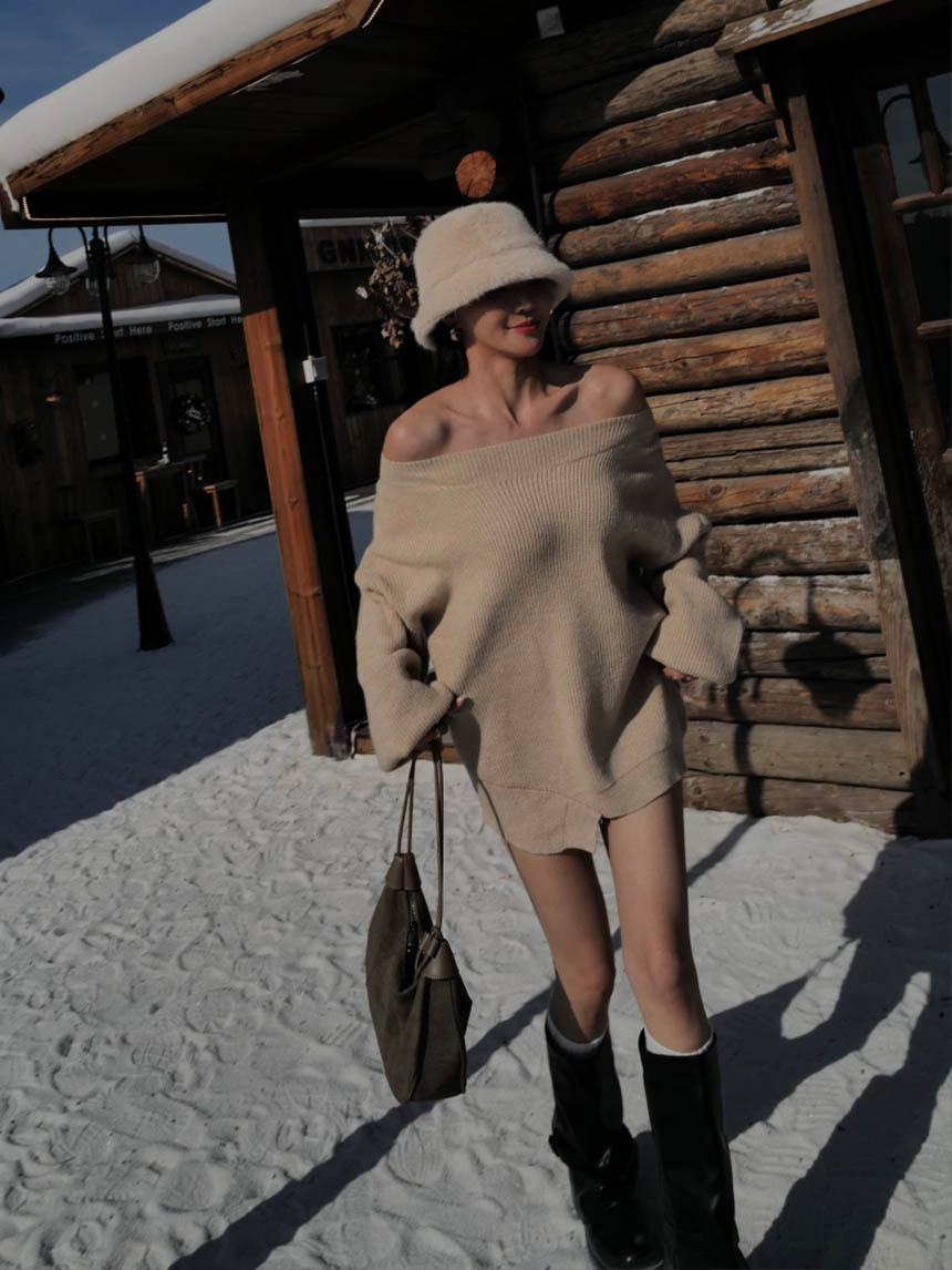 一字肩下擺不規則長版毛衣*5色