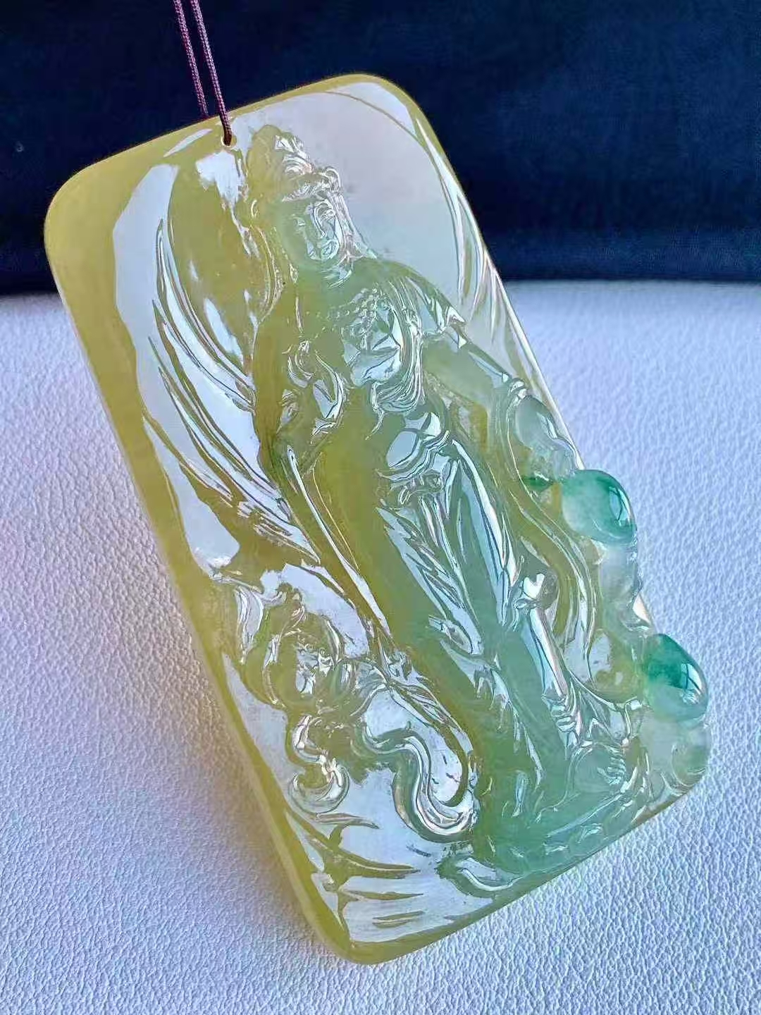 11264026 翡翠冰黃飄花站觀音牌吊墜