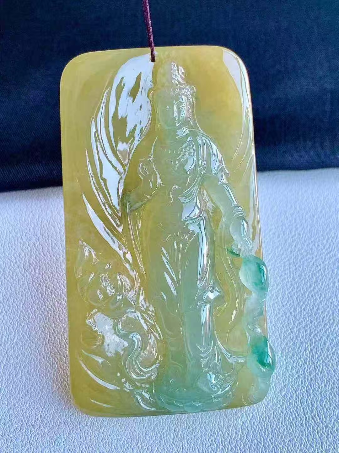 翡翠冰黃飄花站觀音牌吊墜,天然翡翠A玉, 緬甸玉, Jade, Jadeite
