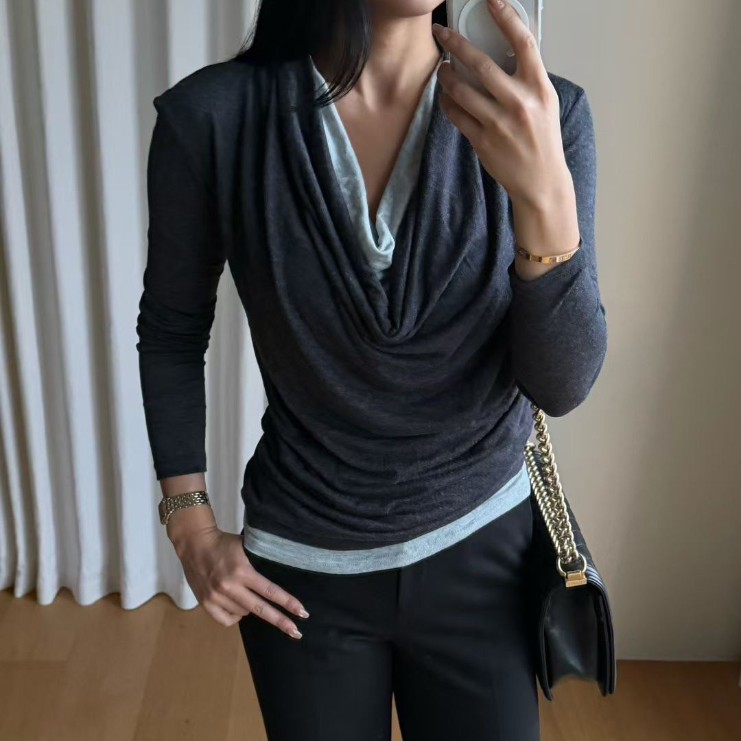 配色假兩件垂墜領口造型長袖上衣 / 3色