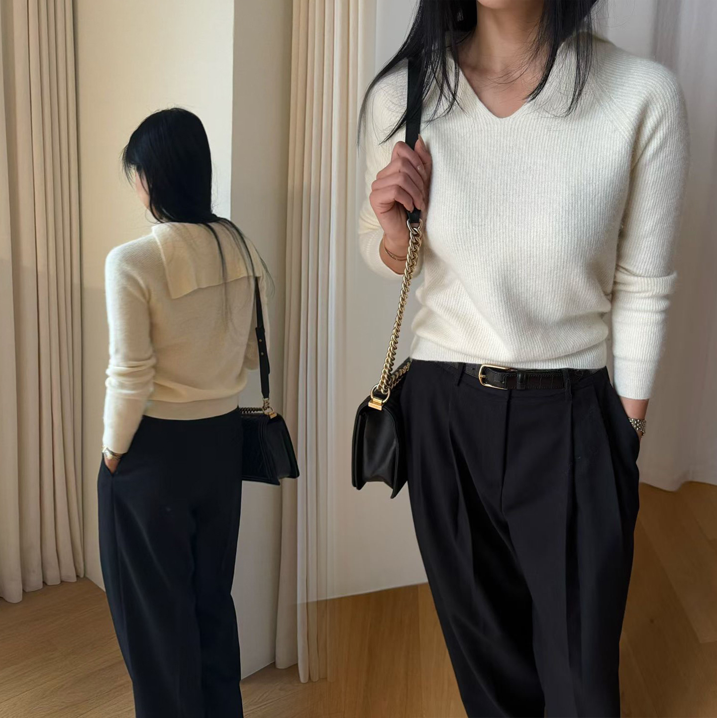 V字翻領造型百搭螺紋長袖上衣 / 3色