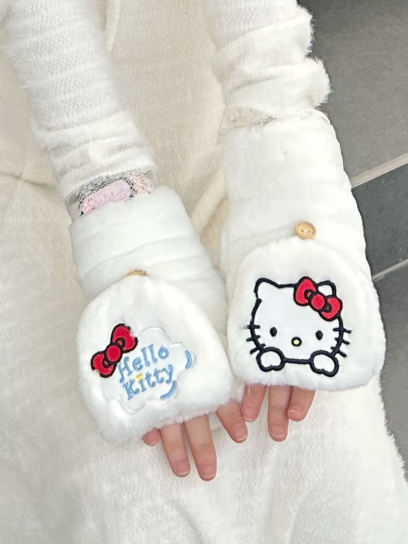 代購-Sanrio三麗鷗 x Hello Kitty凱蒂貓 白色可愛刺繡 少女心圍脖 圍巾/手套