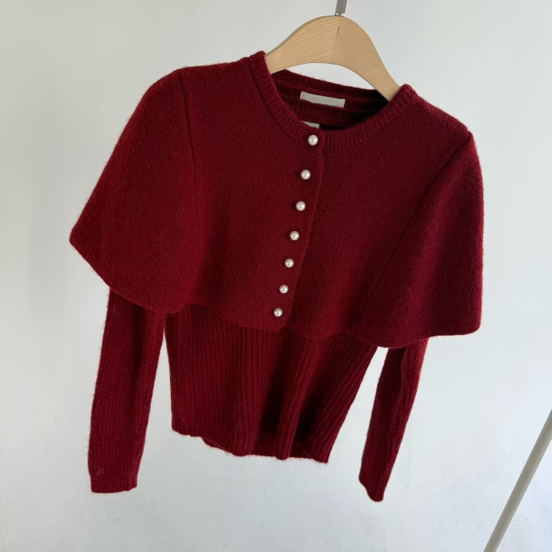 圓領排釦短版斗篷罩衫+長袖上衣SET / 4色