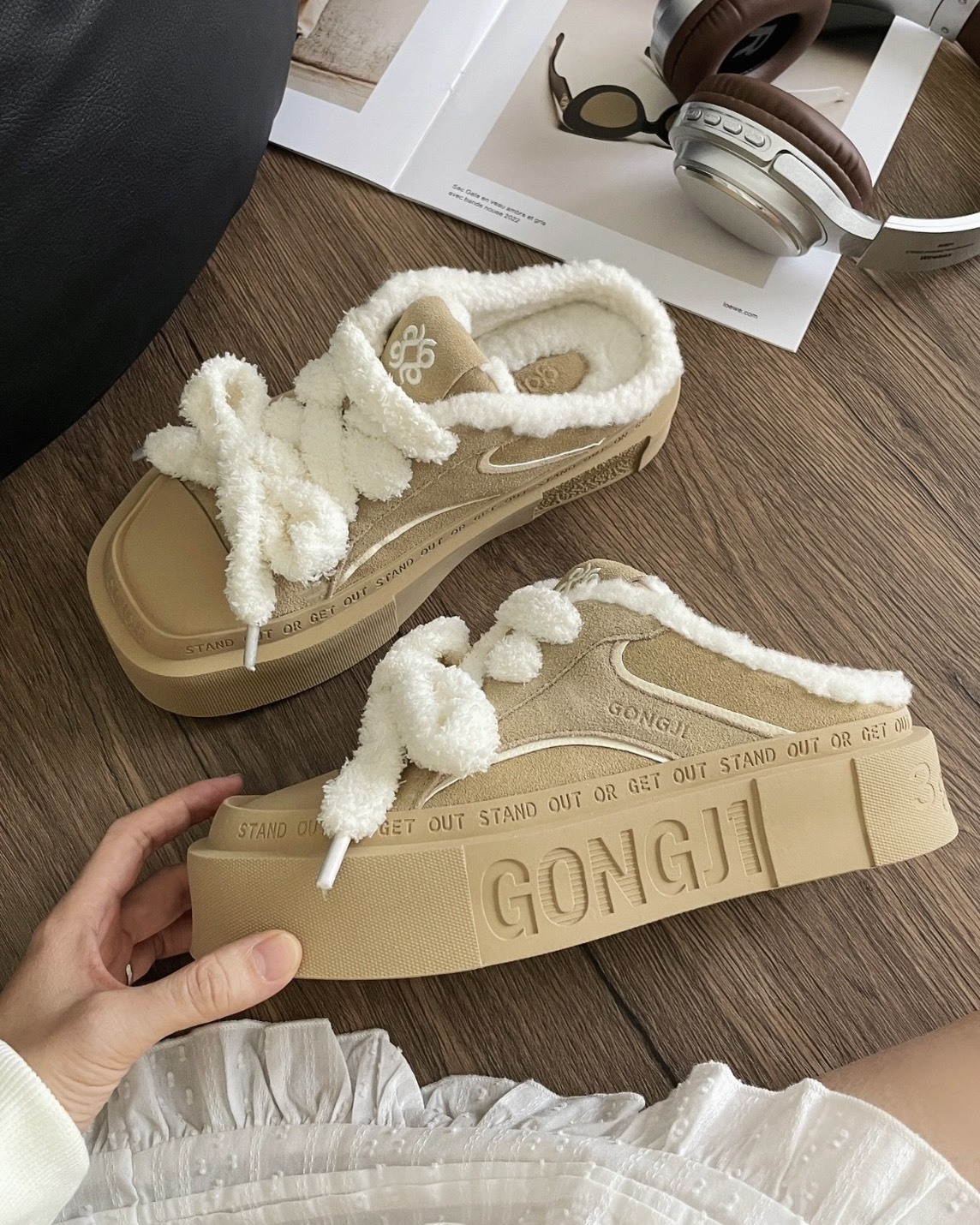 <好好看>Gongji 毛茸茸 方頭 厚底 增高 拖鞋 穆勒鞋 兩色