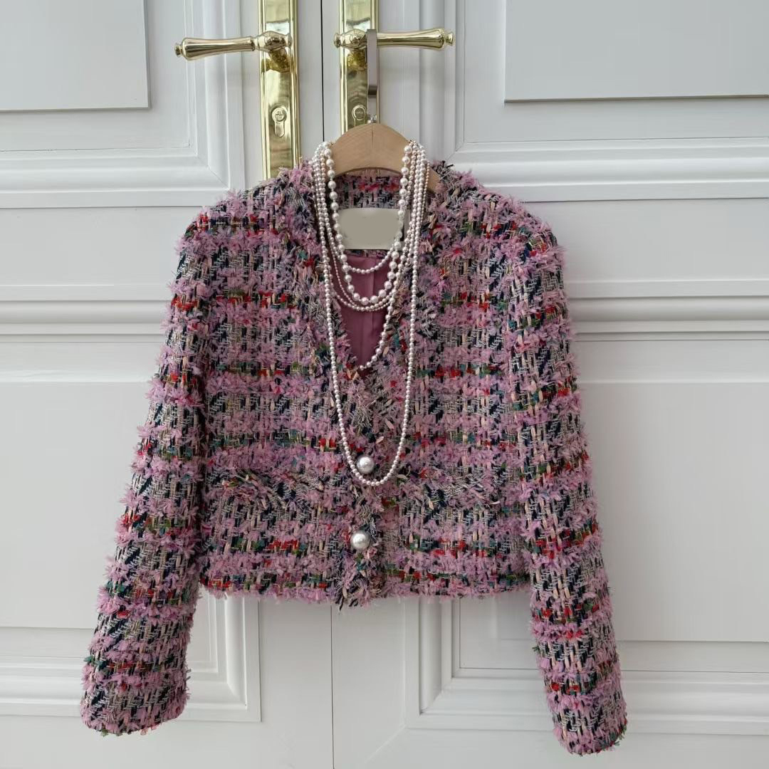 甜美女子配色格紋軟呢圓領小香外套 / 2色