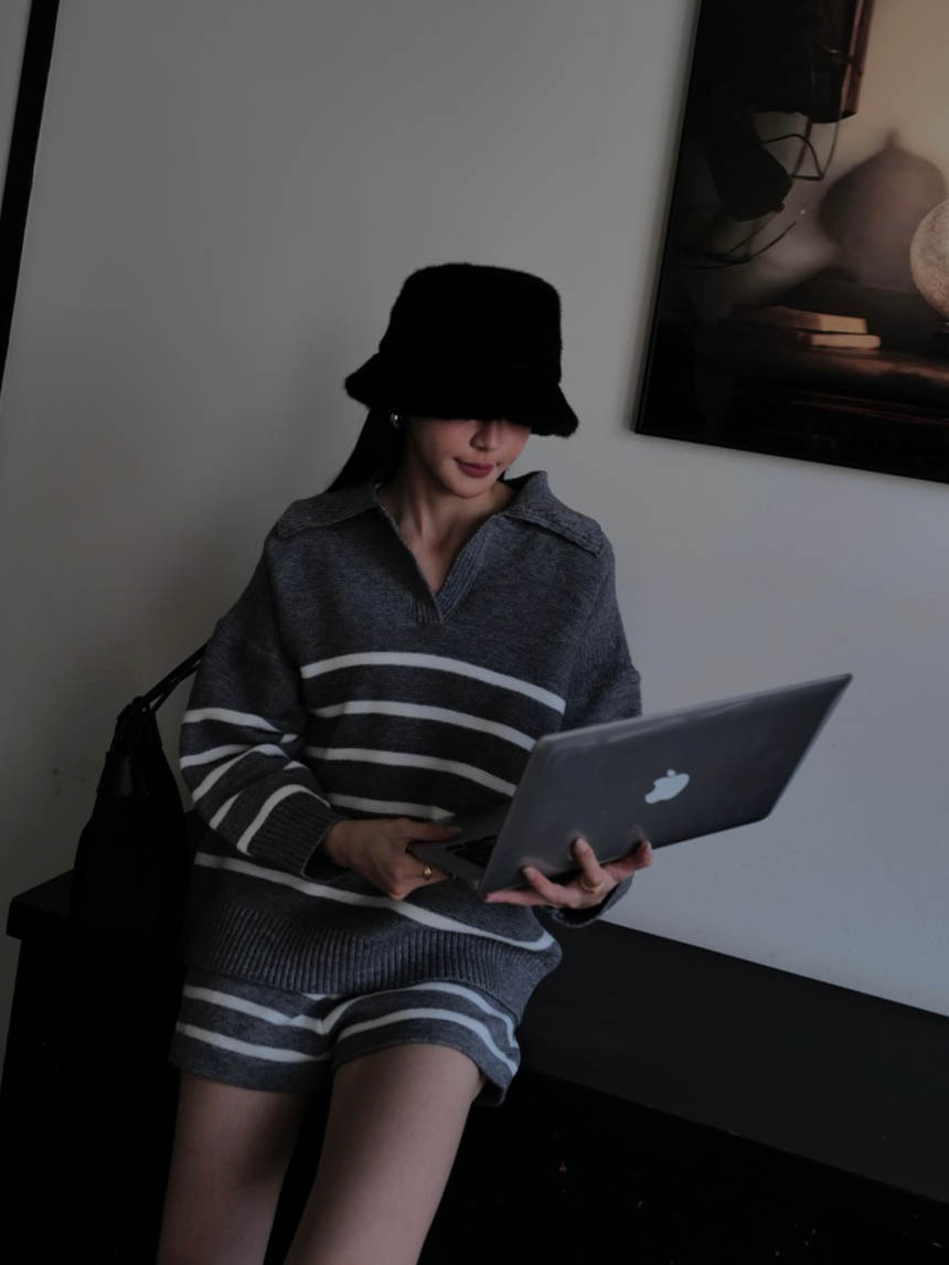 開襟翻領條紋褲套裝*4色