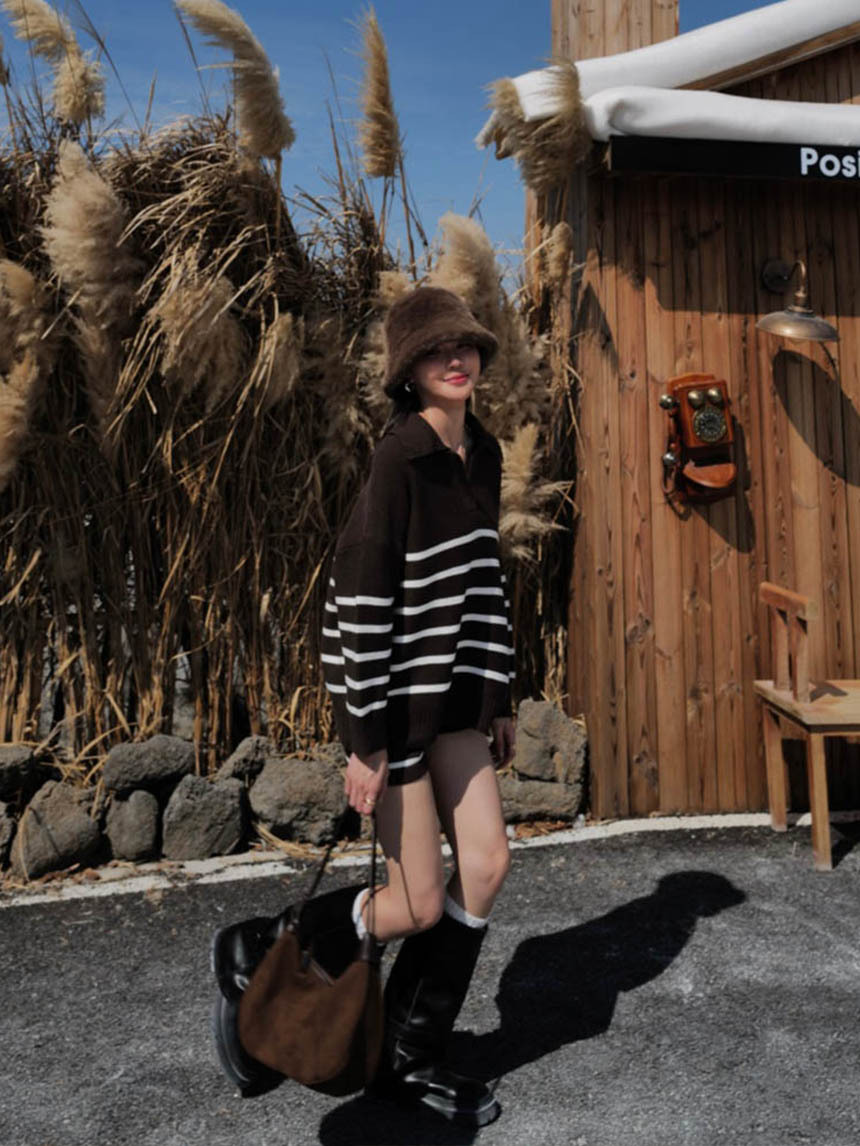 開襟翻領條紋褲套裝*4色