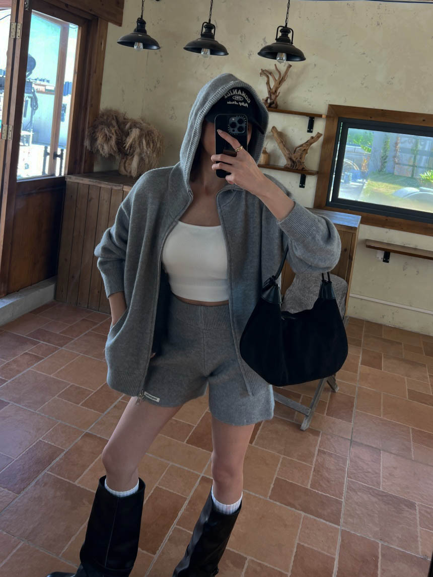 標籤針織連帽口袋短褲套裝*4色