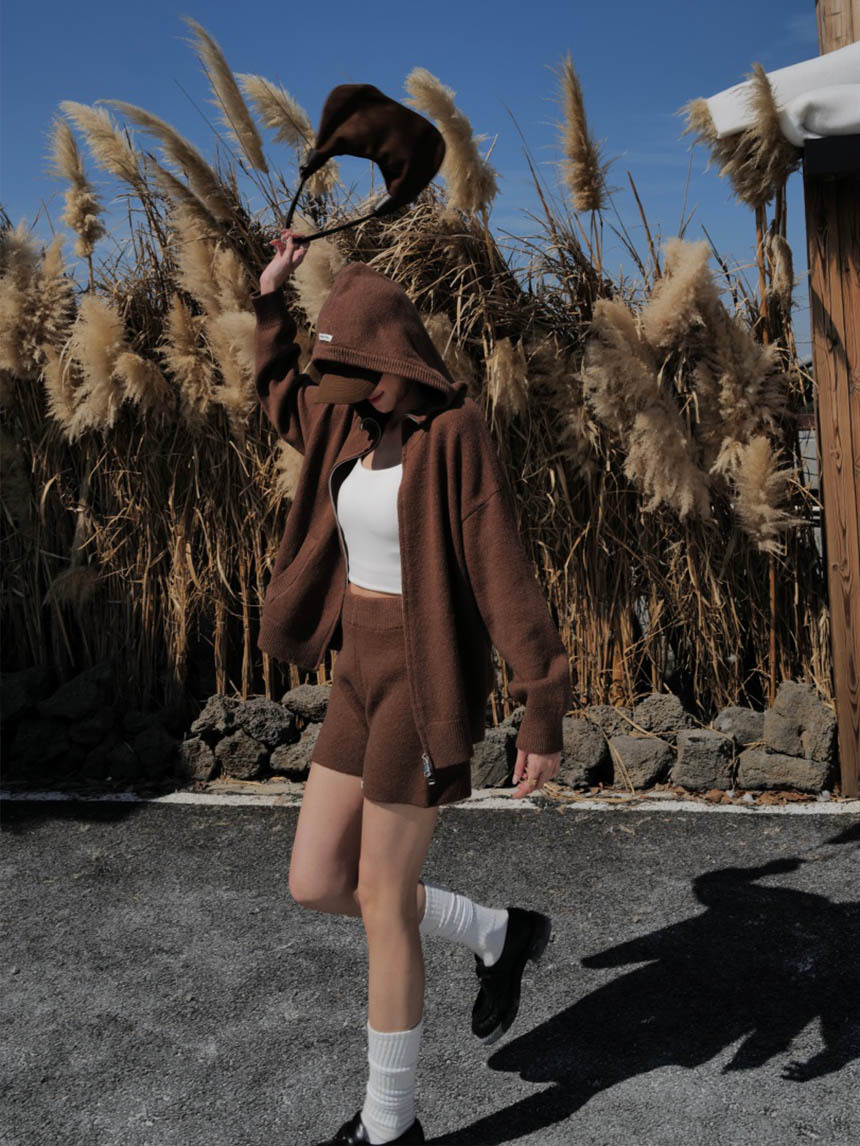 標籤針織連帽口袋短褲套裝*4色