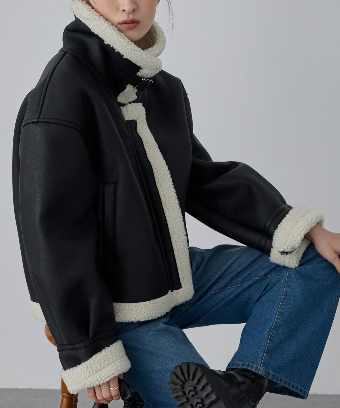 <2折入手??>日本 Nui Nullu 羊羔毛 立領 翻領 短版 皮衣 皮外套 三色