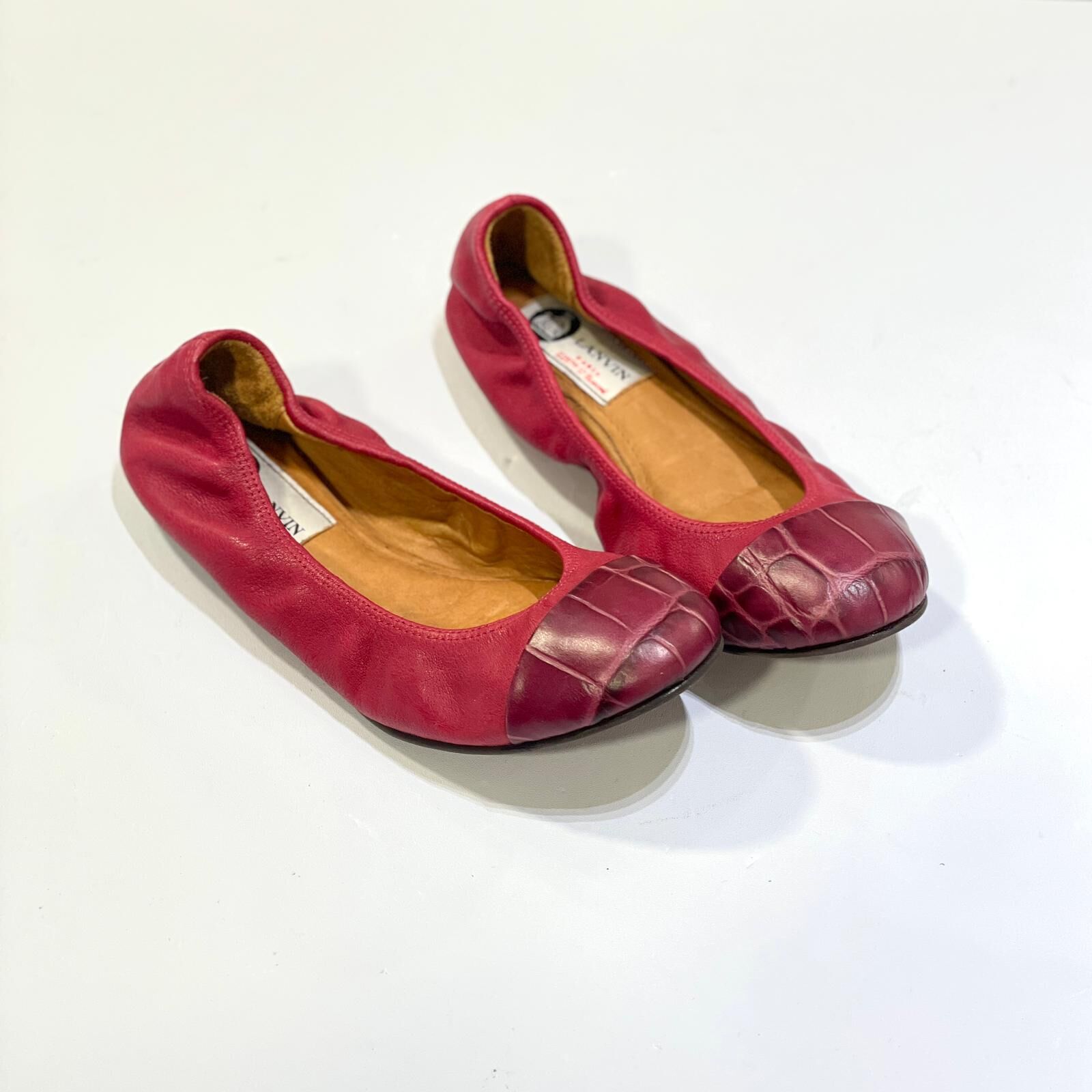 只有35碼~全球最抵!!! 全新LANVIN FLAT SHOES 紅色小羊皮拼鱷魚皮鞋頭,浪凡芭蕾舞鞋, #BRAND NEW #香榭站正品