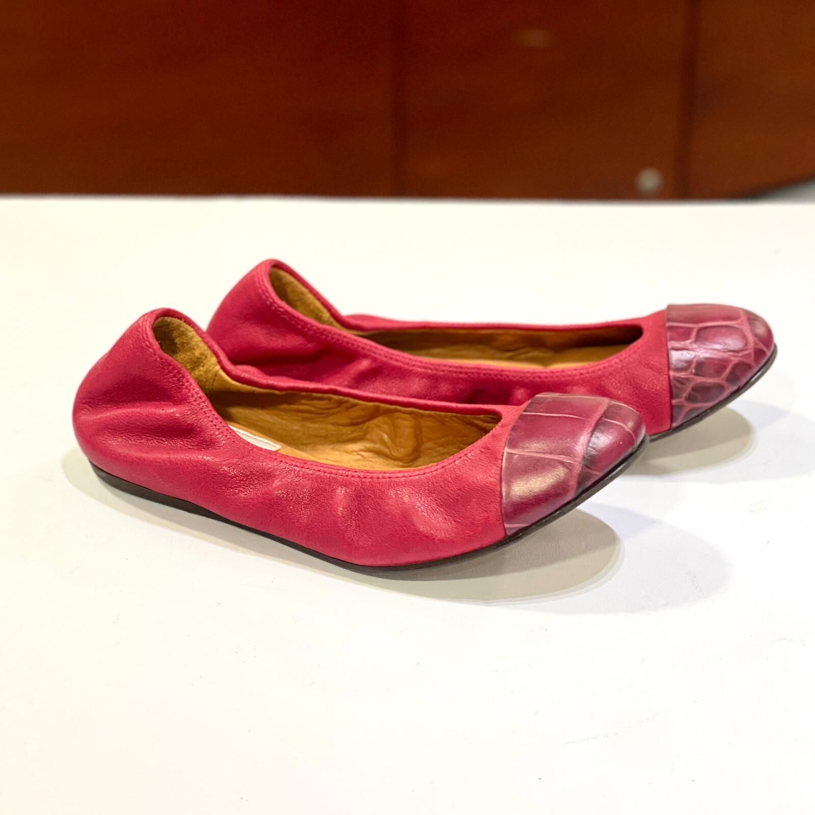只有35碼~全球最抵!!! 全新LANVIN FLAT SHOES 紅色小羊皮拼鱷魚皮鞋頭,浪凡芭蕾舞鞋, #BRAND NEW #香榭站正品