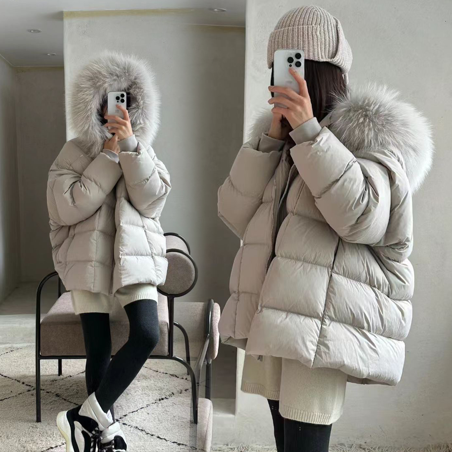 溫暖感同色系澎澎毛領鴨絨外套 / 2色