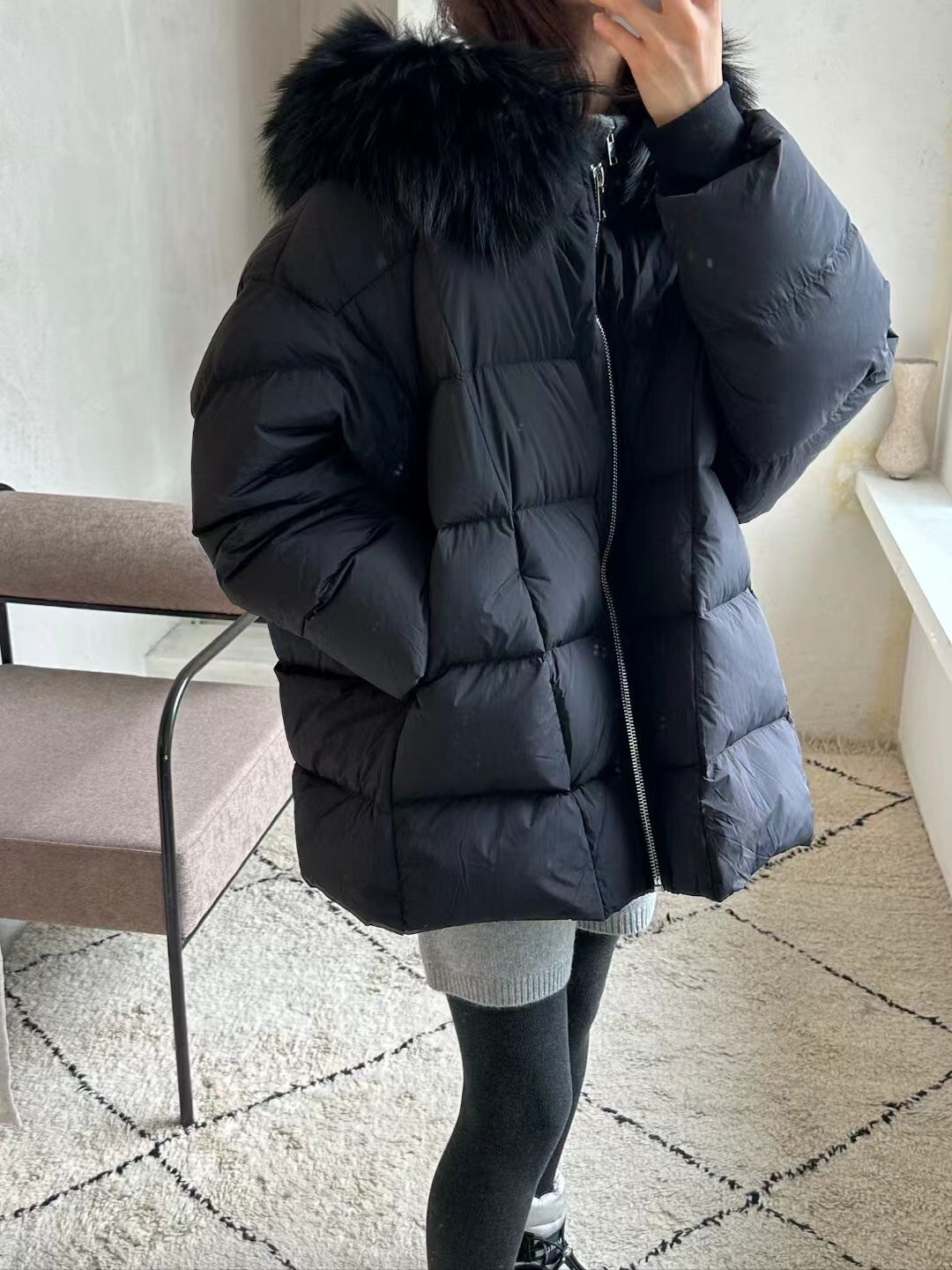 溫暖感同色系澎澎毛領鴨絨外套 / 2色