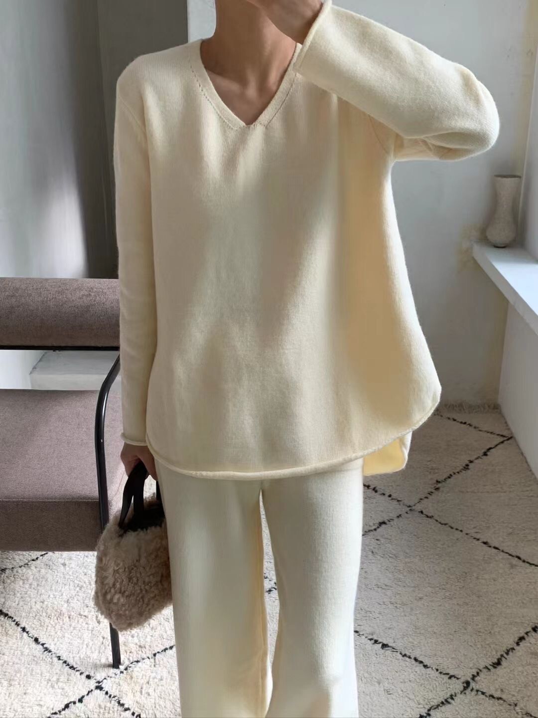 前短後長V領羊毛針織上衣+長褲SET / 2色